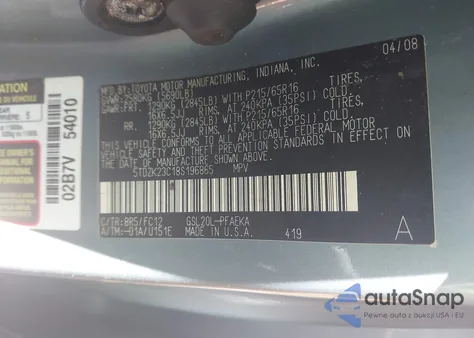 2008 Toyota Sienna Le из США, поврежденный, VIN 5TDZK23C18S196865